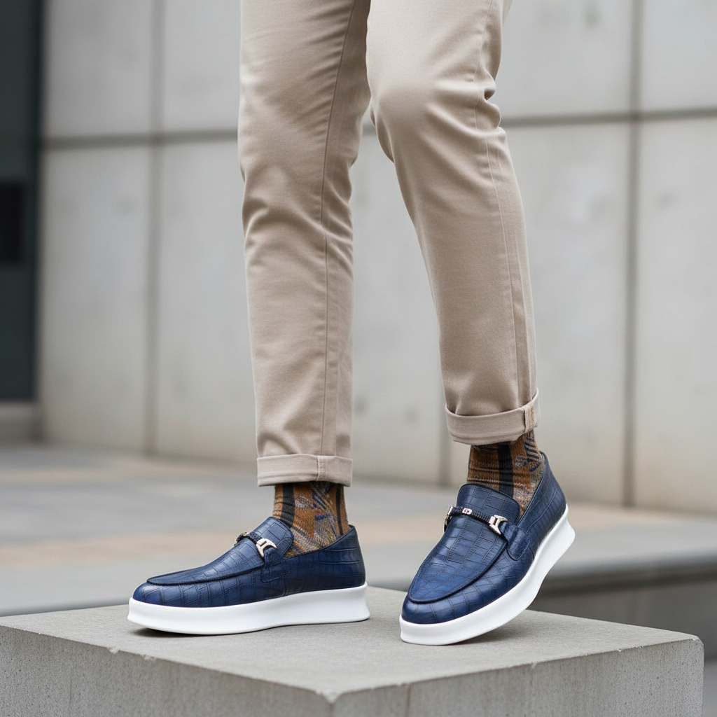 Nigerian male model leg focus shot wearing navy blue croc-embossed platform loafer — both feet visible, street style