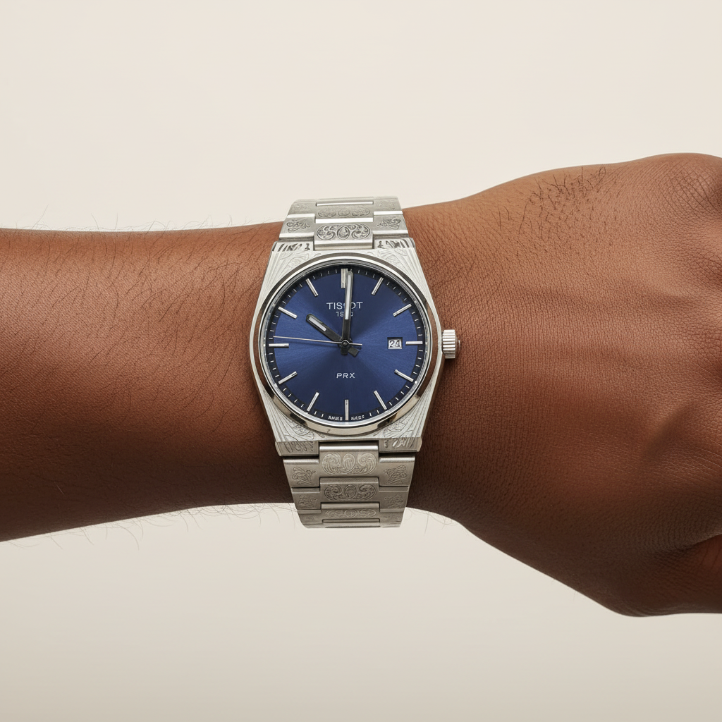 Nigerian male wrist wearing silver engraved navy blue dial dress watch
