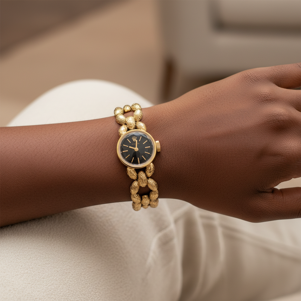 Women's gold chunky chain bracelet black dial watch worn on Nigerian model wrist — lifestyle wrist shot