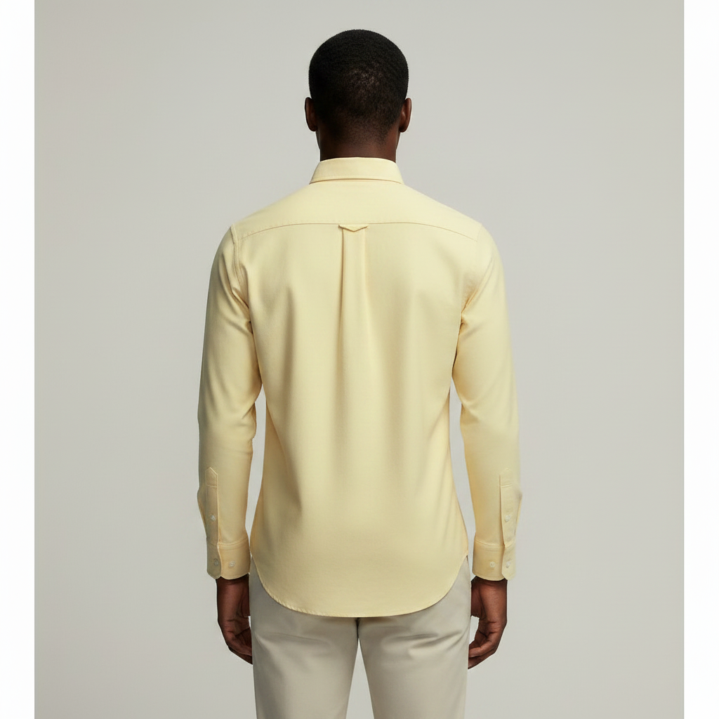 Nigerian adult male model wearing Cream Long Sleeve Shirt – Back View