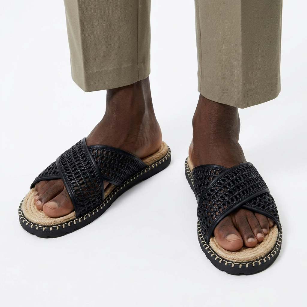 Both black woven slides worn by a Black male model on white