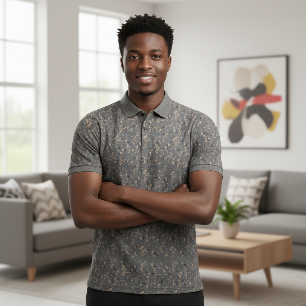 Young Nigerian male model wearing olive grey leaf print polo shirt, front view