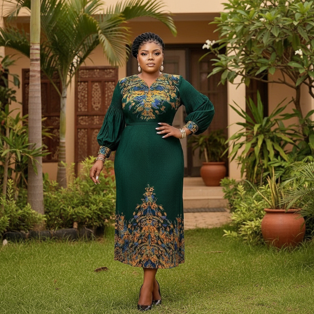 Women's Emerald Green Floral Print Bishop Sleeve Midi Gown - Nigerian Female Model