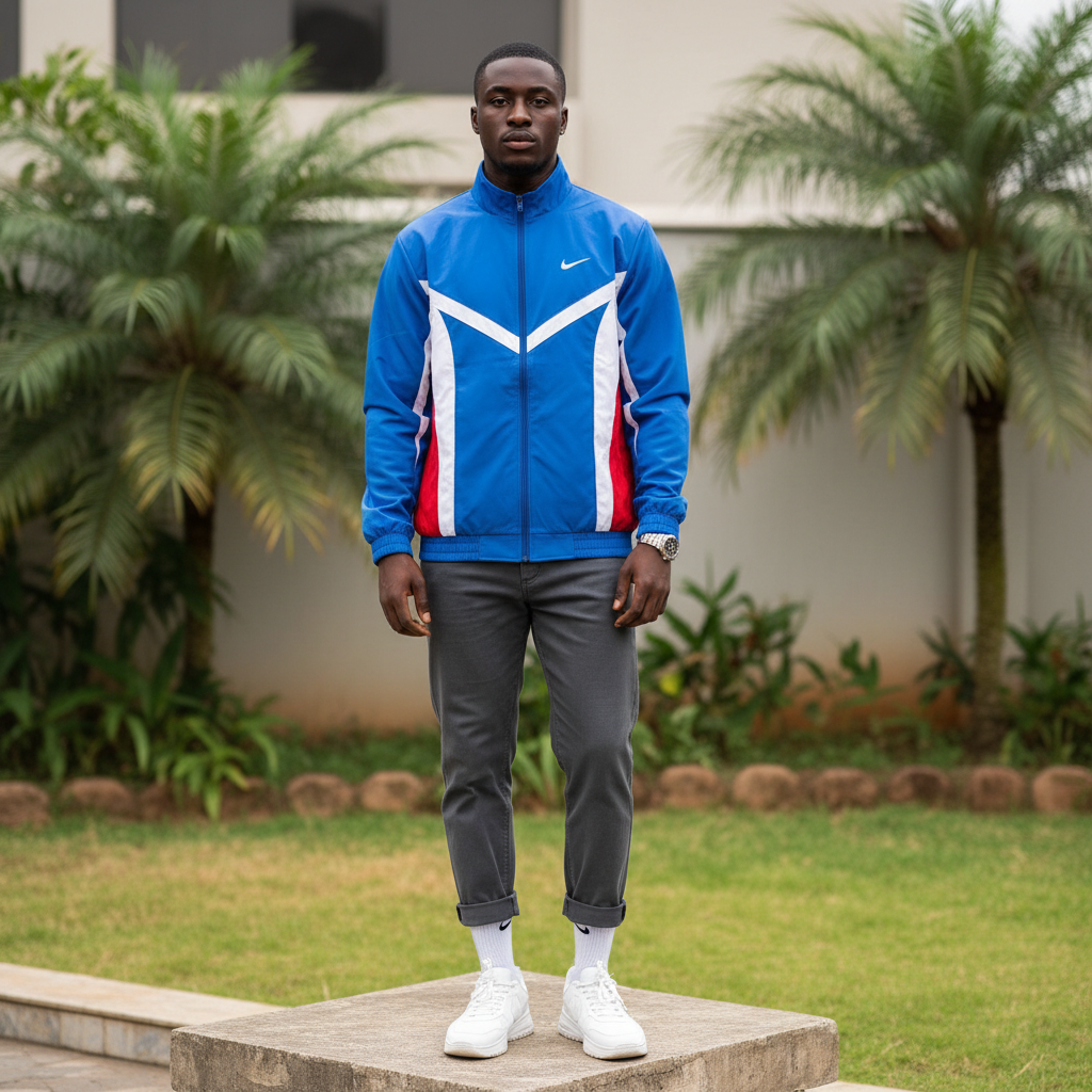 Men's Blue White & Red Colour-Block Zip-Up Track Jacket – Nigerian Male Model Shot