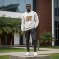 Nigerian male model wearing off-white leopard panel graphic crewneck sweatshirt