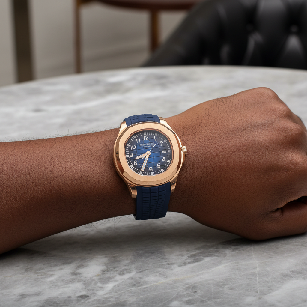 Nigerian man wrist shot wearing rose gold navy blue dial rubber strap luxury watch