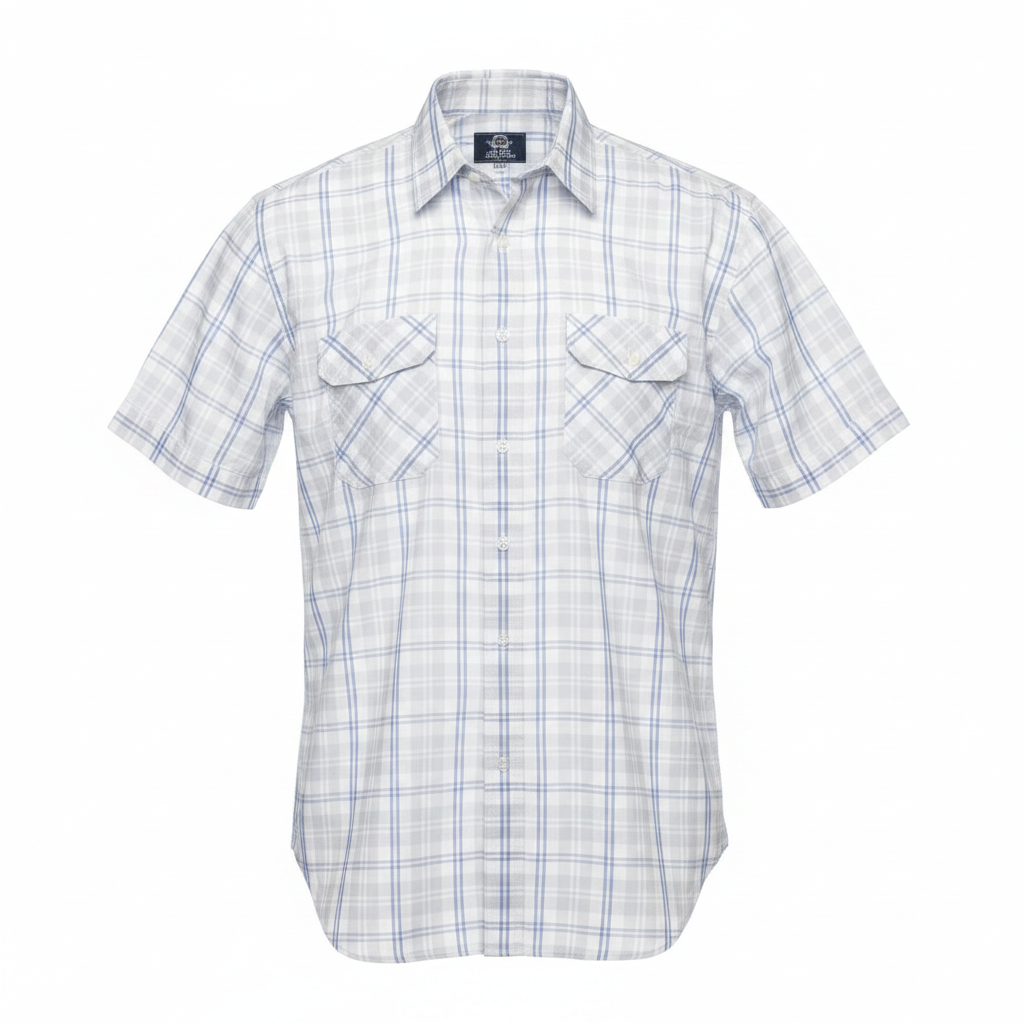 Ghost mannequin of white and blue plaid short-sleeved shirt