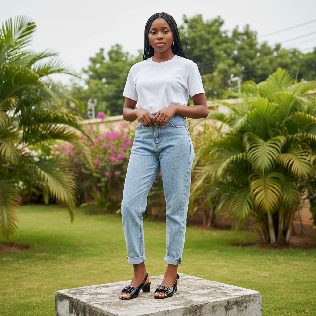 Nigerian model wearing black rhinestone bow slingback open-toe sandals - both feet styled