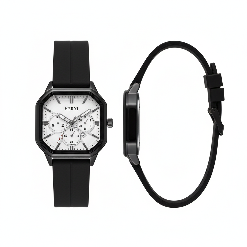 Full white multi-dial square watch shown from the front and side on a white background