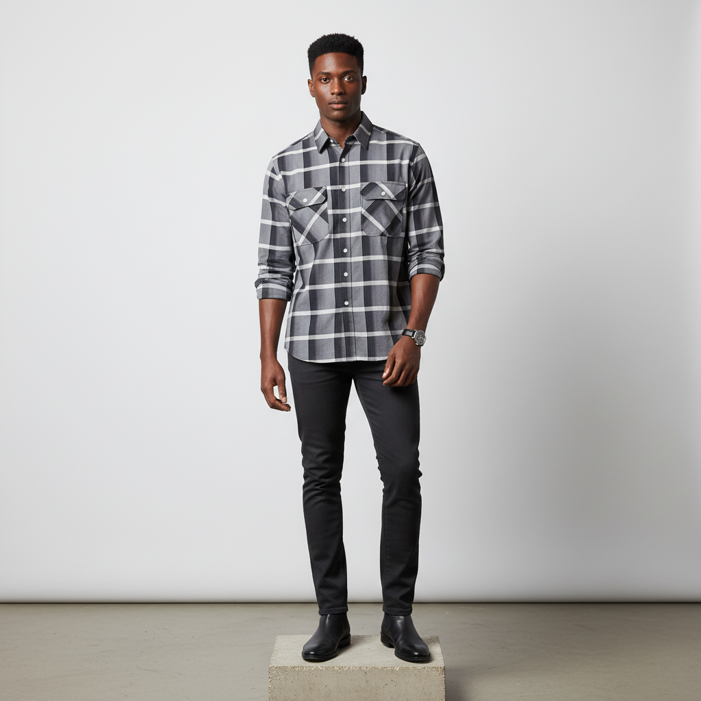 Grey Plaid Tartan Long-Sleeved Shirt - Model Front