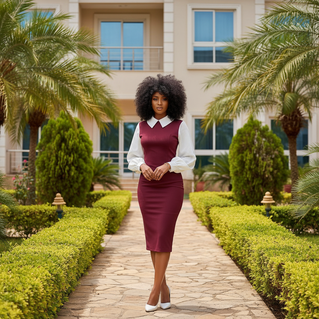 Nigerian female model wearing women's wine burgundy sleeveless midi dress with white puff sleeve blouse set