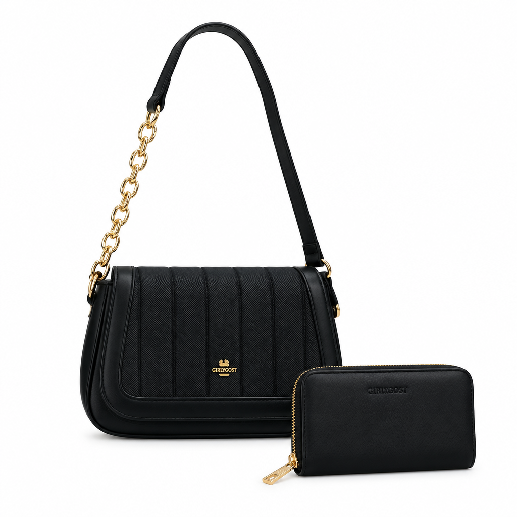 Black panelled shoulder bag and matching zip-around wallet