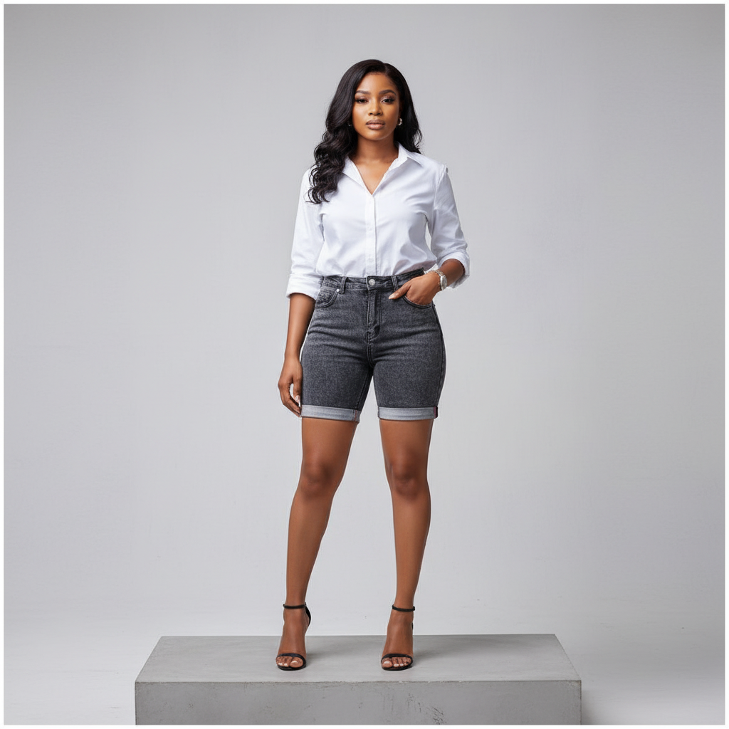 Charcoal Grey Acid Wash Bermuda Denim Shorts – Model Front