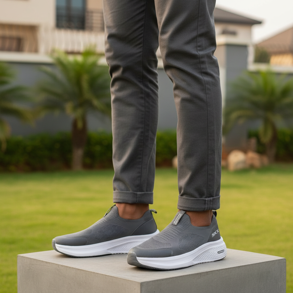 Nigerian male model leg focus wearing charcoal grey knit slip-on sneakers with white sole