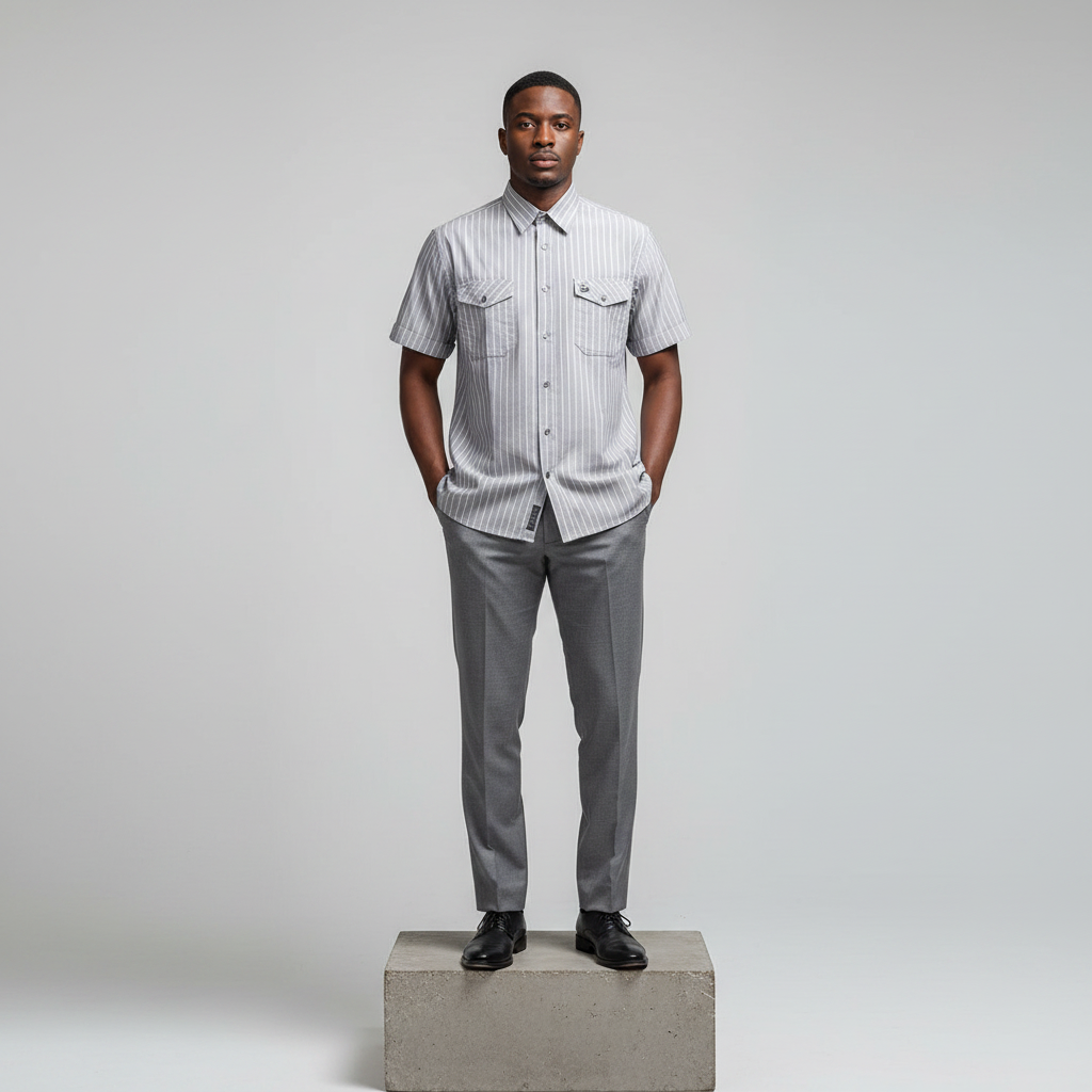 Grey Striped Short-Sleeved Shirt - Model Front View