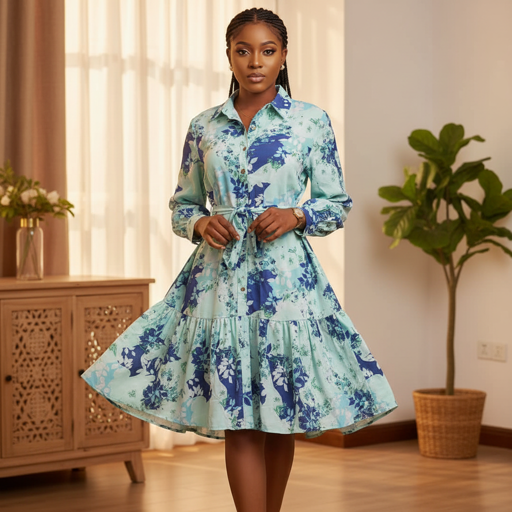 Floral Ruffle Shirt Dress Mint Blue - Model Shot
