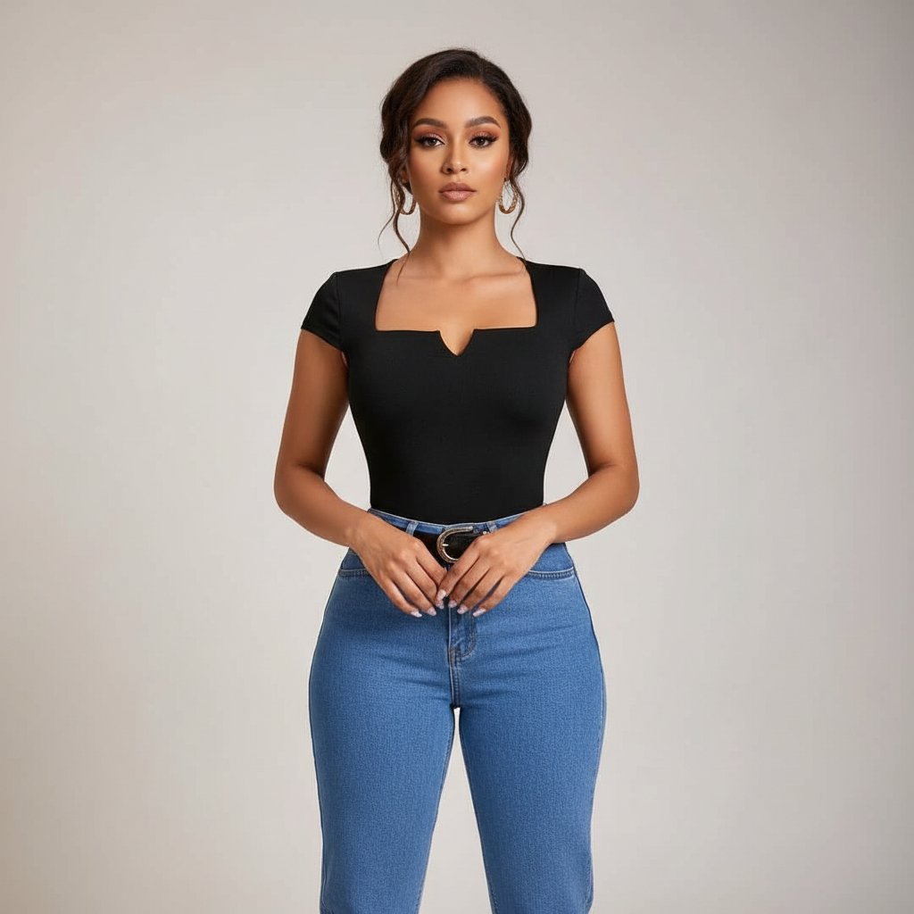 Women's Notch-Neck Short-Sleeve Fitted Top - Nigerian Female Model