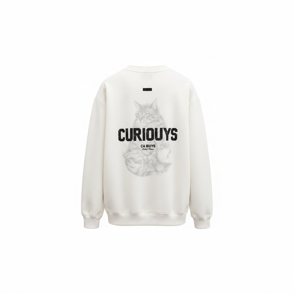 Unisex off-white cream sweatshirt with faded cat graphic and block lettering – ghost mannequin back view