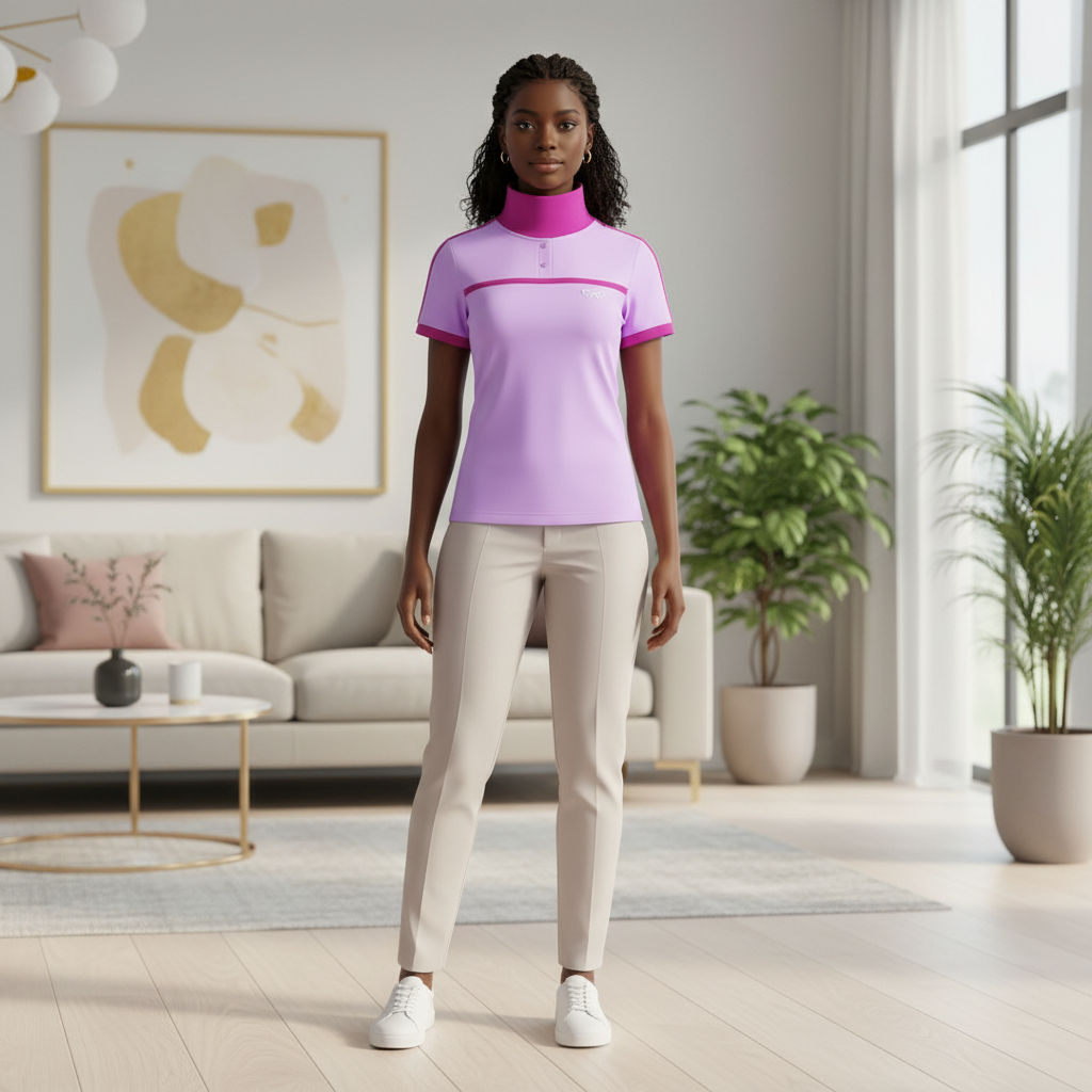 Lavender Bow Turtleneck Short-Sleeve Top - Front Model