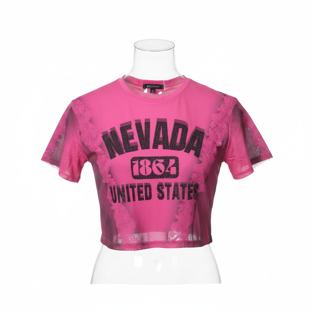 Pink Distressed Lace Trim Graphic Crop Top - Ghost Mannequin