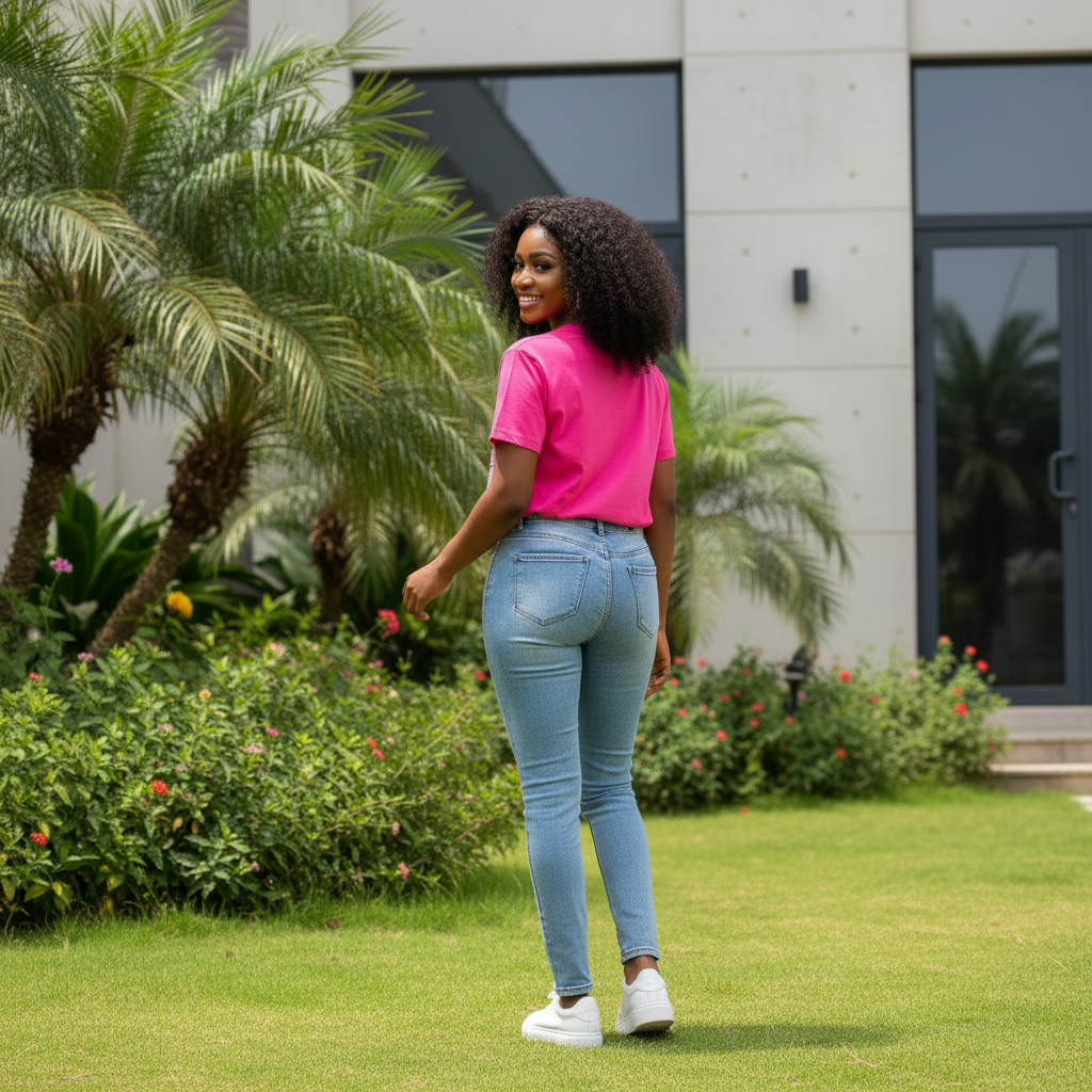 Nigerian female model wearing pink graphic top back view