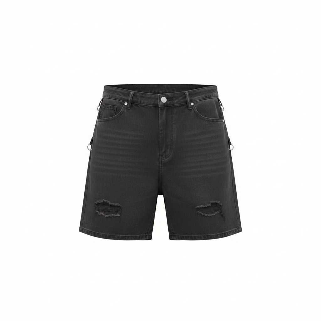 Washed black distressed denim shorts ghost mannequin — D-ring hardware, ripped thighs, white background