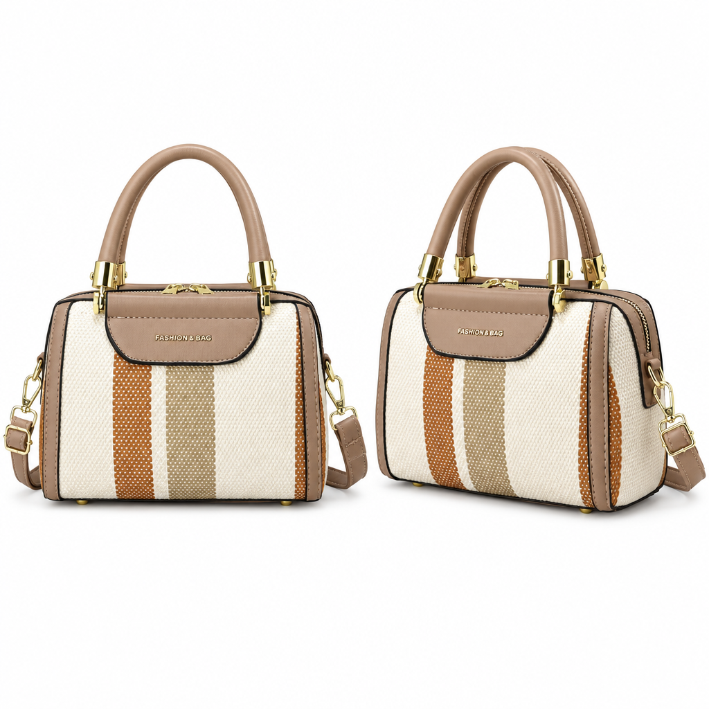 Sand and ivory woven-look satchel front and angled side views