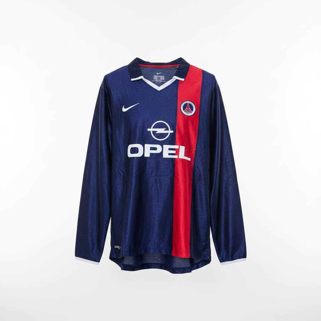 Navy blue long-sleeve retro football jersey with bold red centre stripe and V-neck collar, ghost mannequin front view