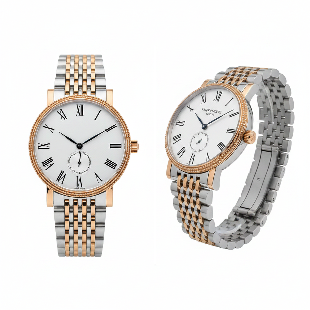Silver dress watch with rose gold coin bezel and white Roman numeral dial, front and side view on white background