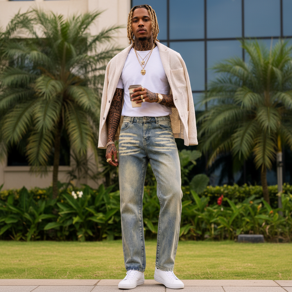 Nigerian male model wearing light blue vintage washed baggy distressed denim jeans
