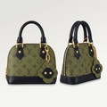 AI-generated front and angled catalog views of an olive green patterned dome handbag with flower pouch