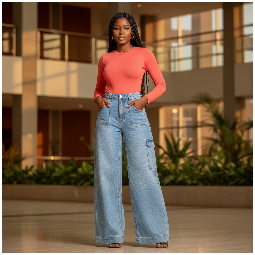 Sky Blue High-Waist Wide-Leg Cargo-Style Jeans - Model Shot