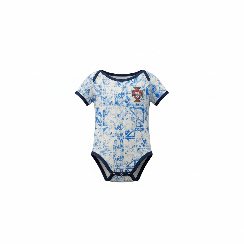 Baby white & blue graphic print football romper bodysuit – ghost mannequin front view on white background