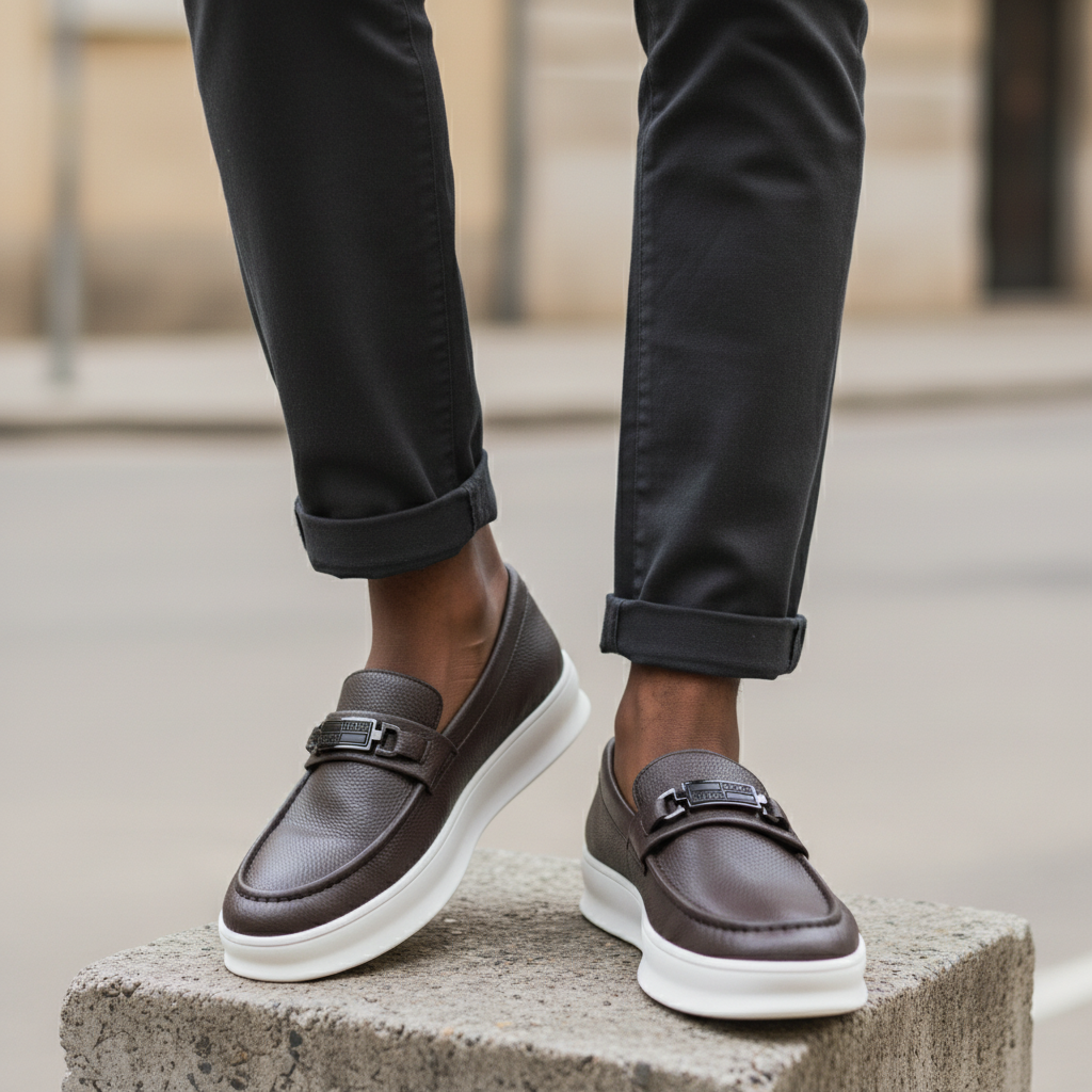 Men's Dark Brown Pebbled Leather Platform Slip-On Loafer – Leg Shot