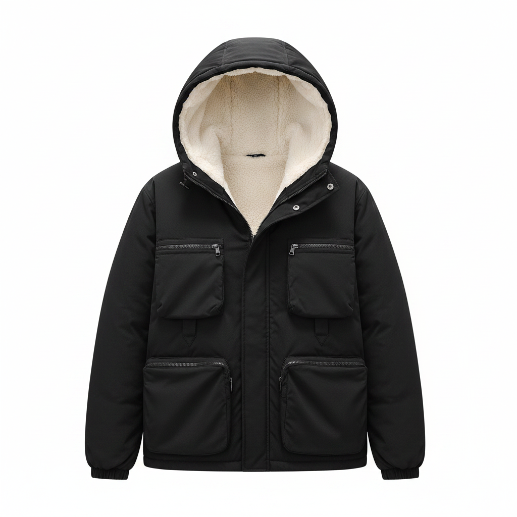 Men's Black Sherpa-Lined Multi-Pocket Hooded Puffer Jacket – Ghost Mannequin Front View