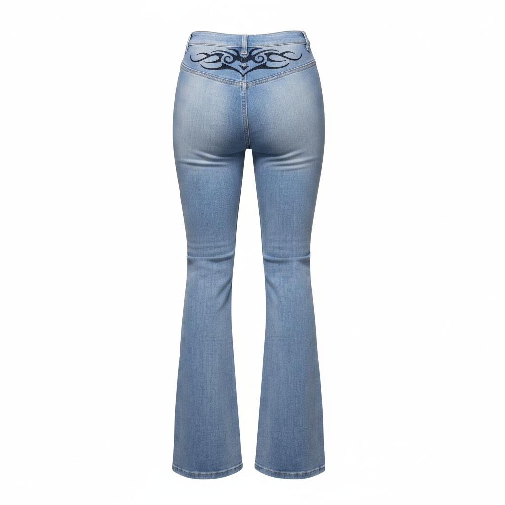 Women's light blue tribal embroidery flare denim jeans ghost mannequin view on white background