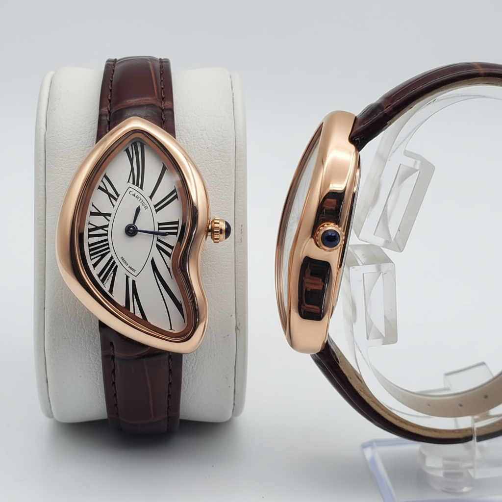 Asymmetric rose gold watch with black Roman numerals and brown strap front and side view