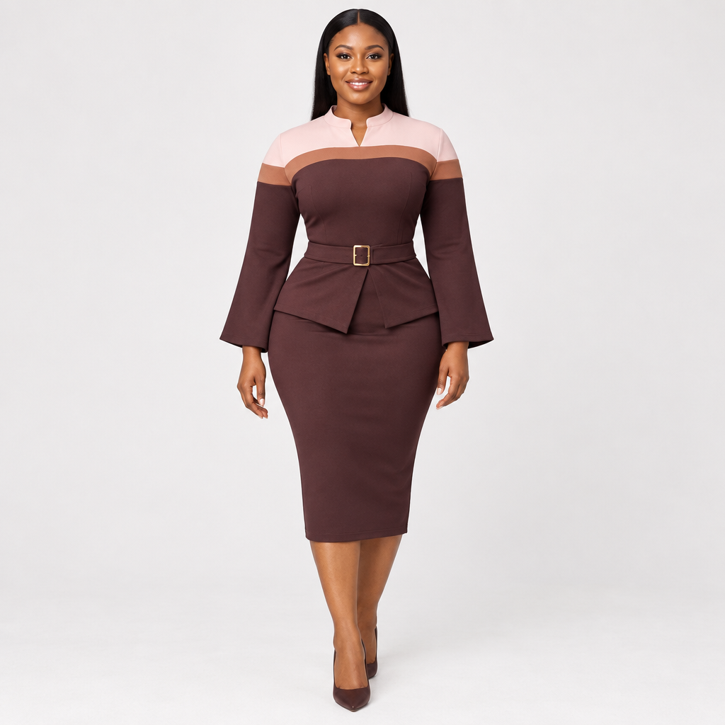 Black Nigerian woman wearing chocolate brown blush-panel belted peplum dress