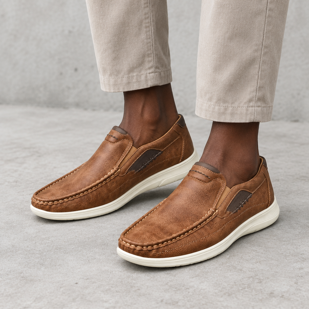 Men's brown slip-on loafers with dark side panels and light soles worn on both feet