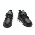 Kids' all-black velcro lace-up sneakers ghost mannequin pair front and sole view