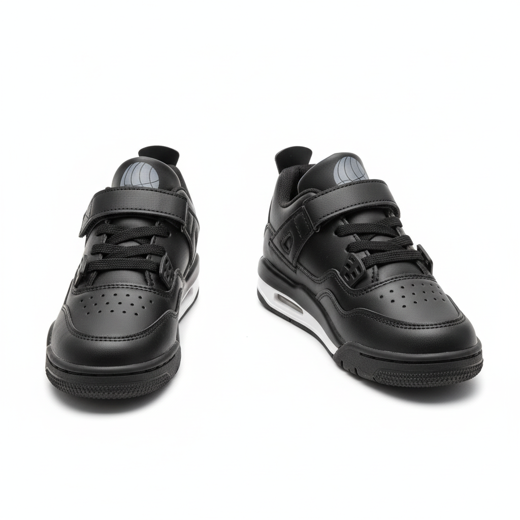 Kids' all-black velcro lace-up sneakers ghost mannequin pair front and sole view