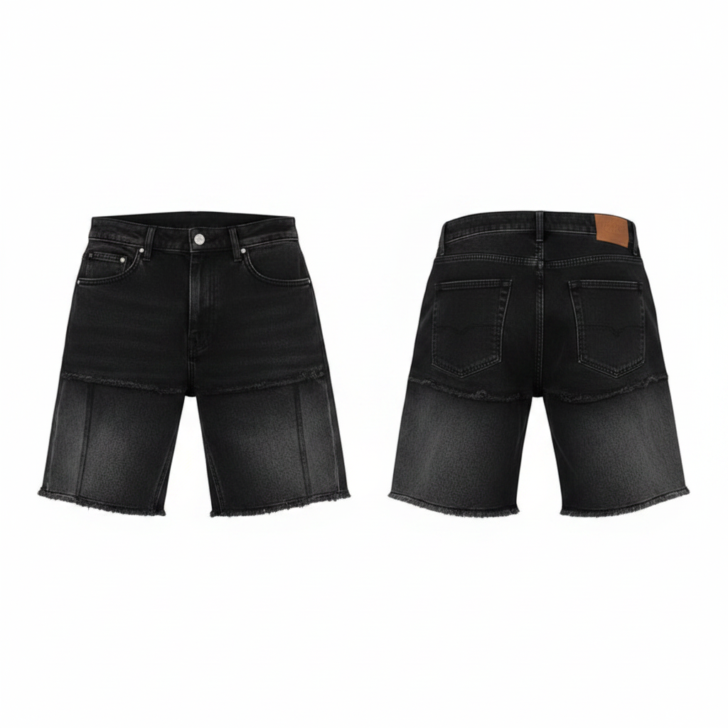 Men's black two-tone colour-block raw hem denim shorts ghost mannequin front and back view