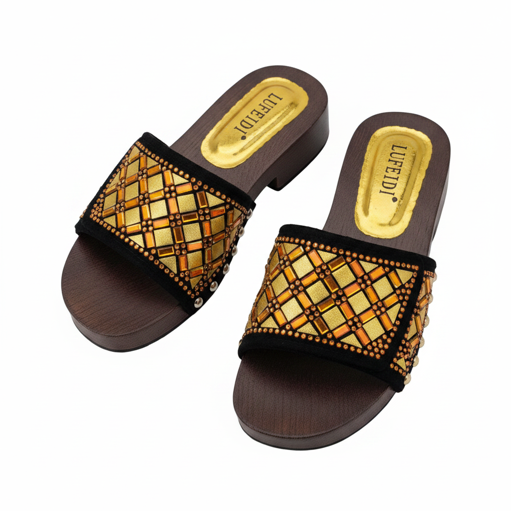 Women's Diamond-Grid Rhinestone Slide Slipper - Gold Colourway Ghost Mannequin