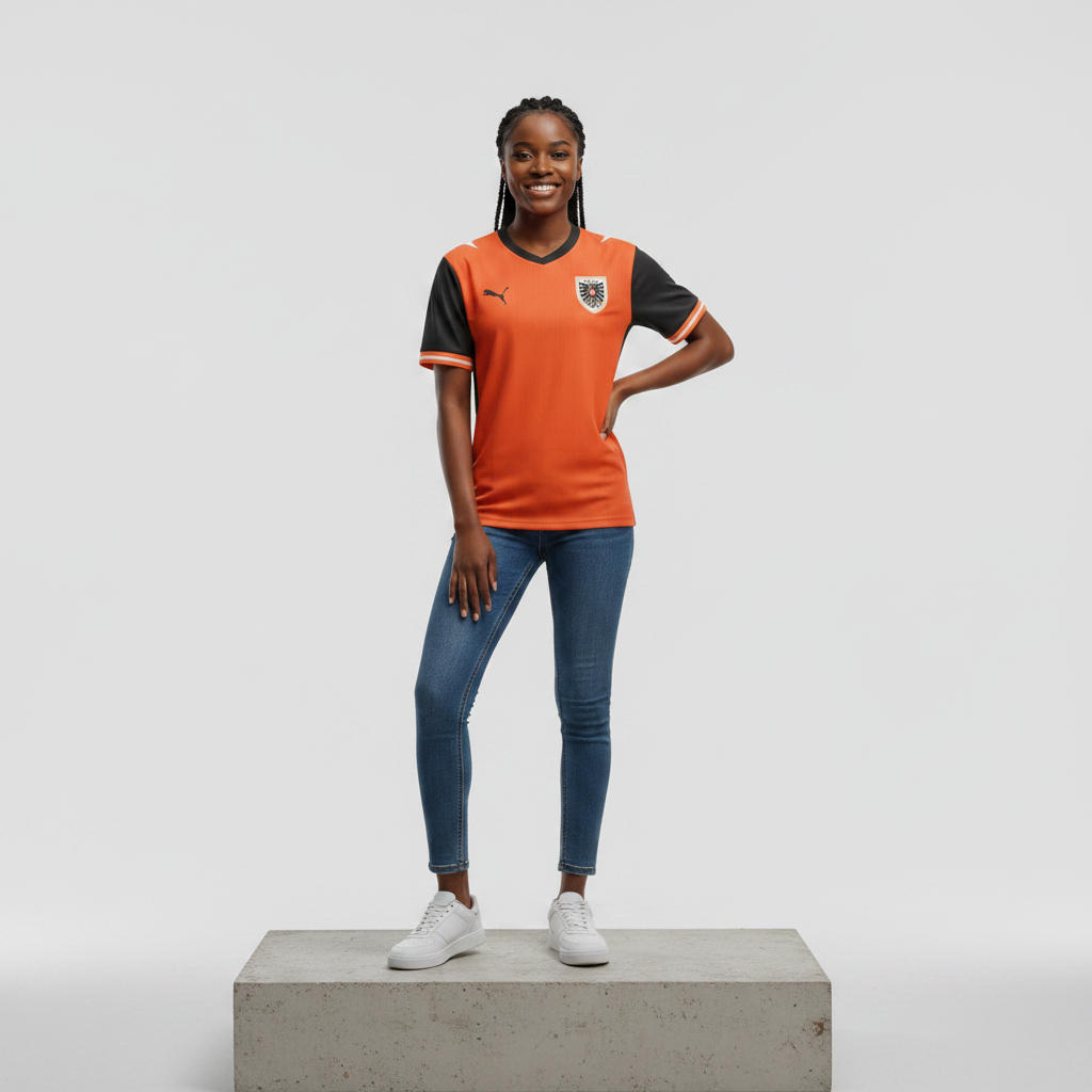 Nigerian female model wearing orange black two-tone football jersey on concrete plinth