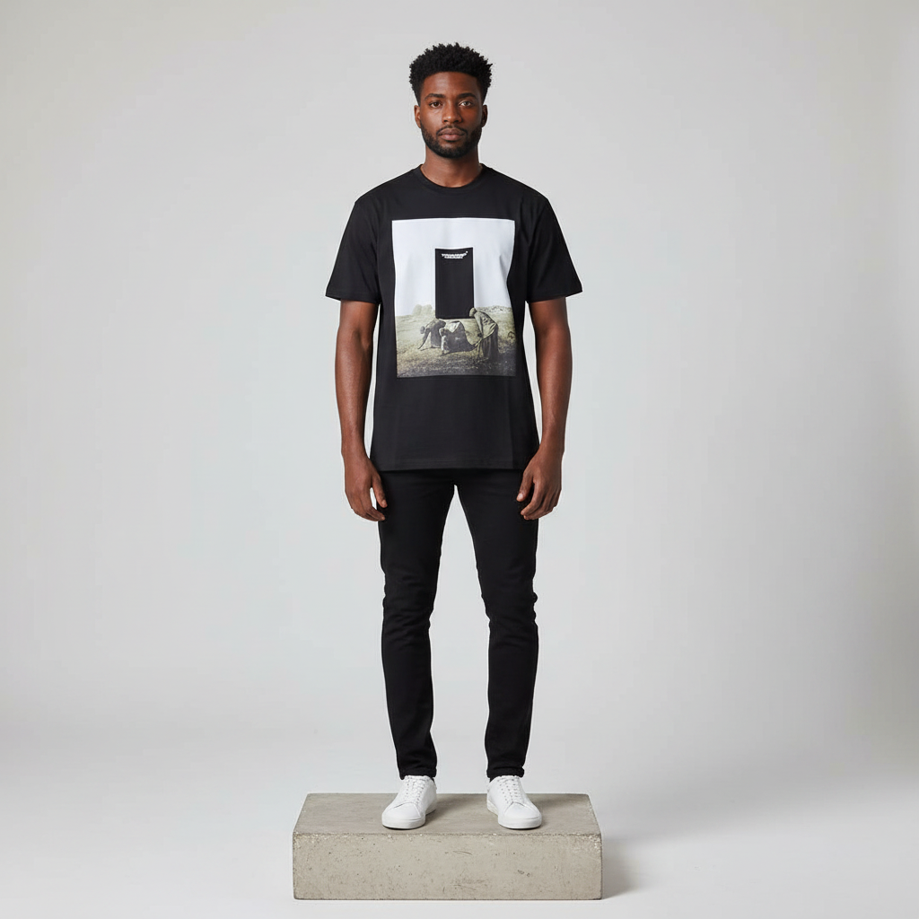Black Photo Print Short-Sleeved Shirt - Model Front