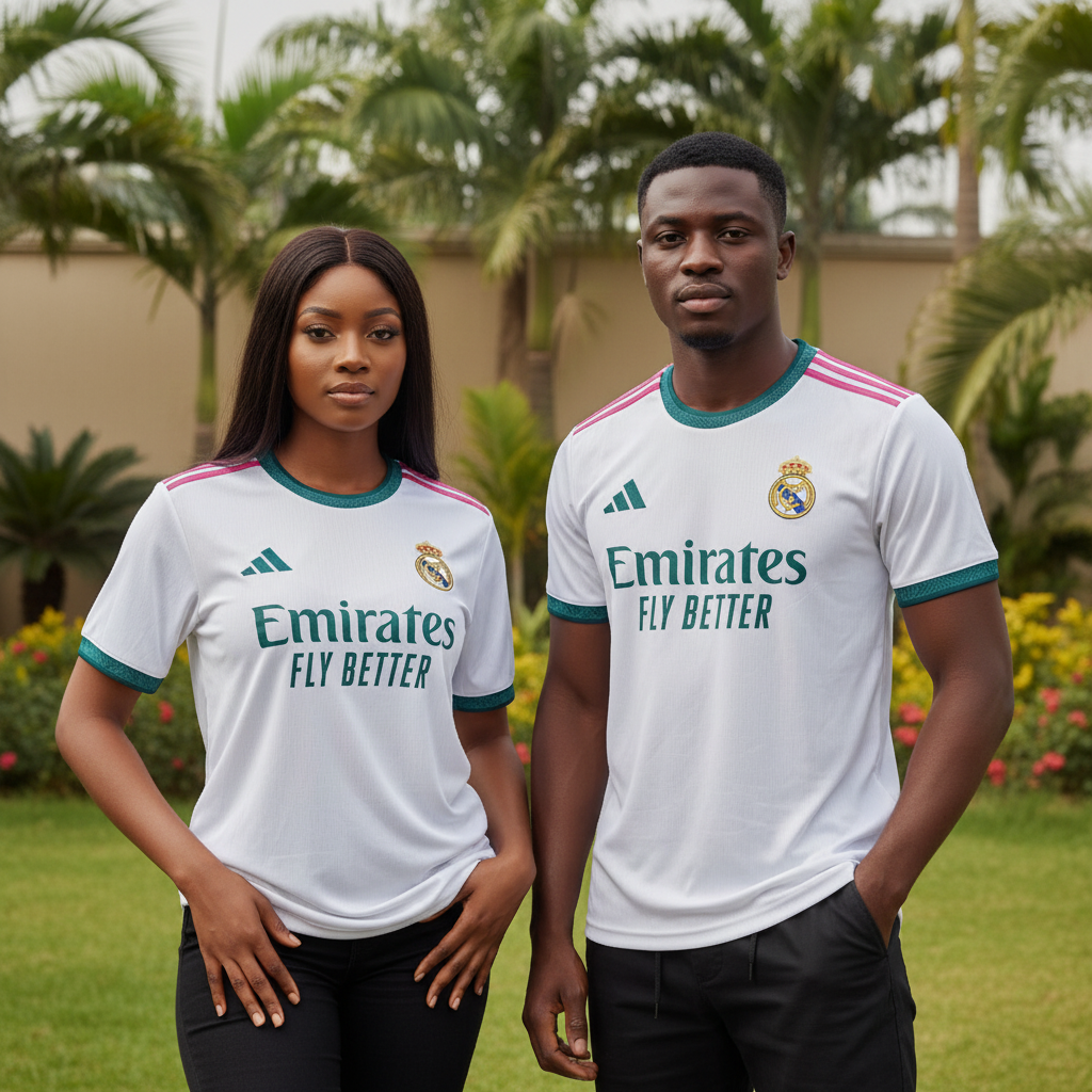Nigerian female and male models wearing white teal and pink trim football jersey