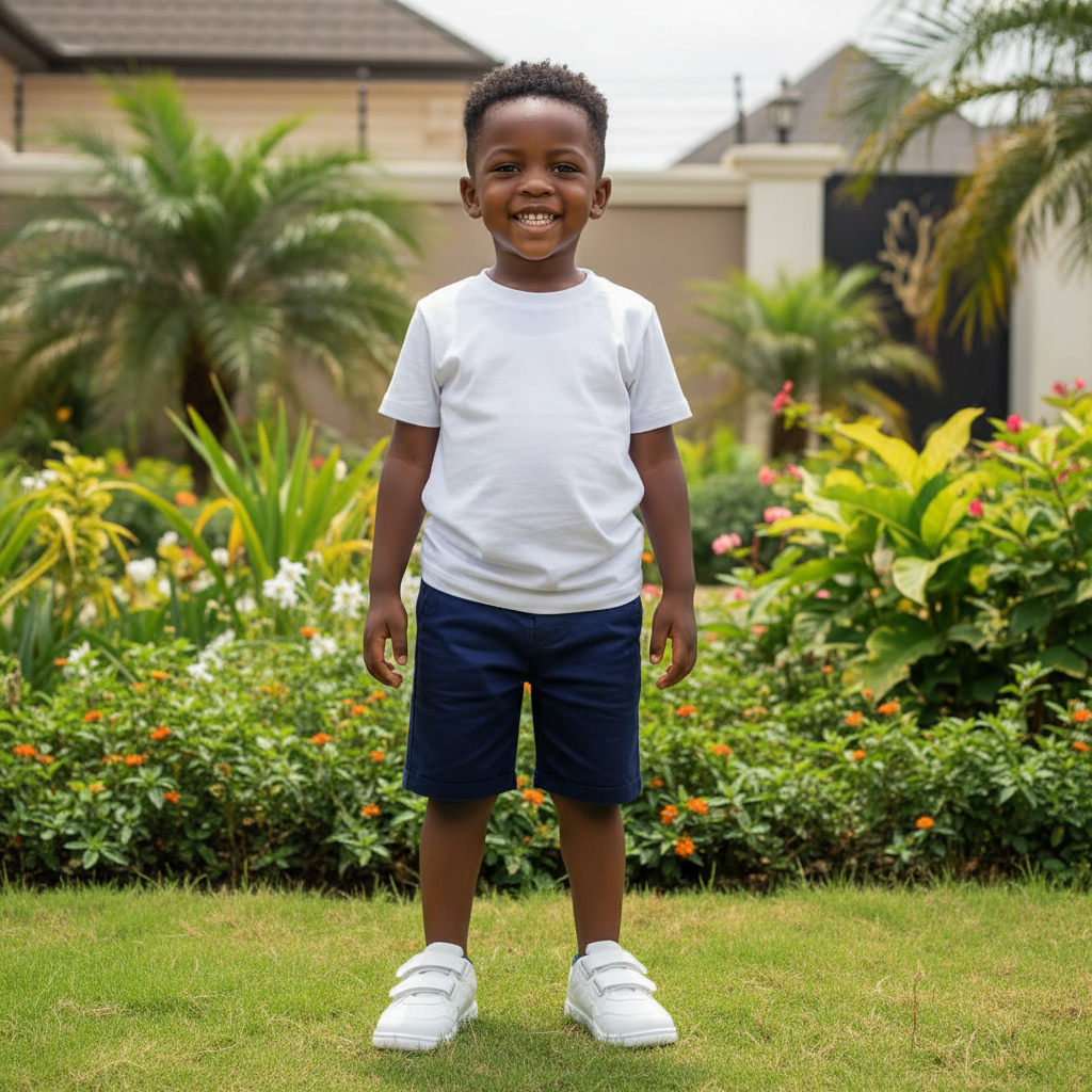 Nigerian child wearing white and navy velcro star strap sneakers