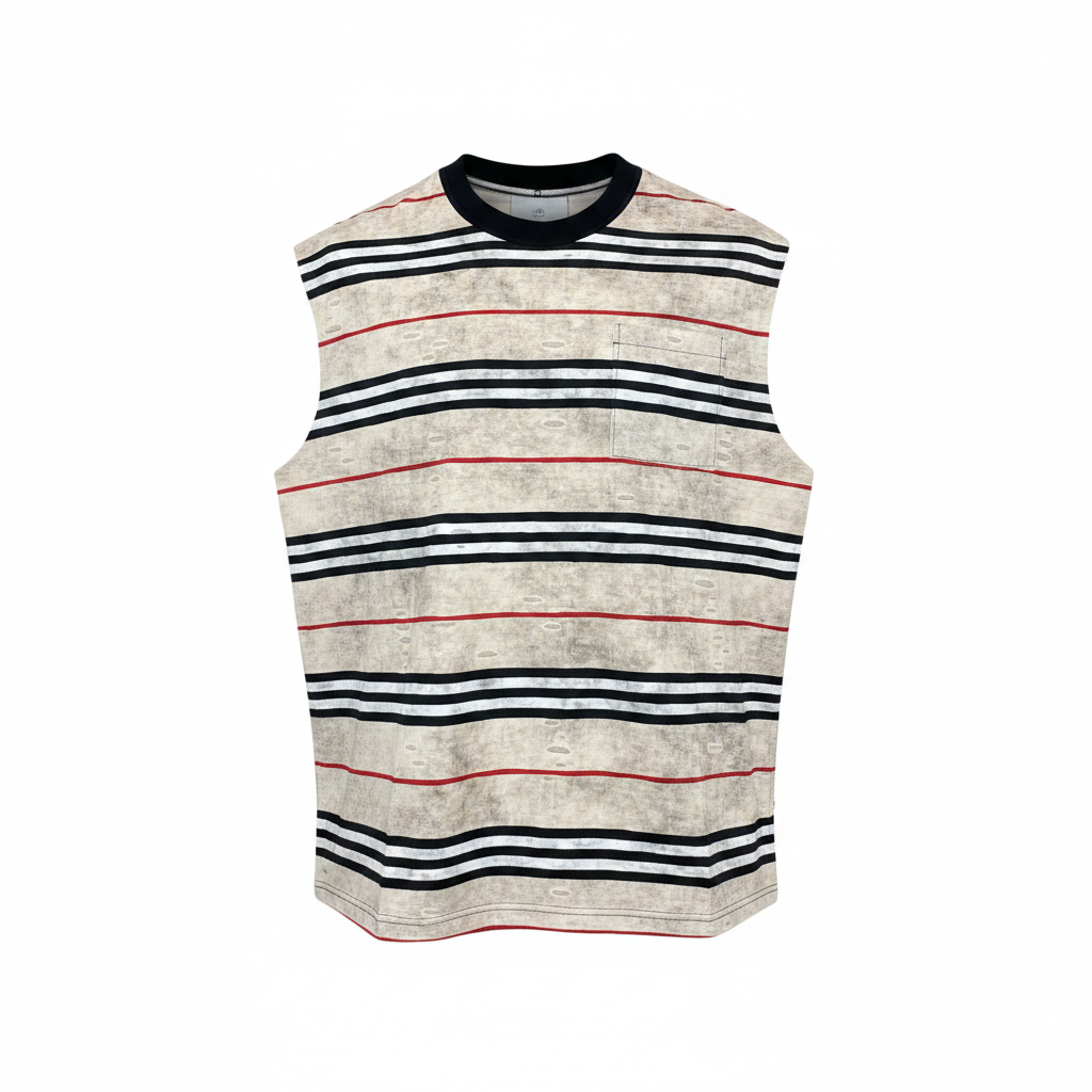 Men's cream black red stripe sleeveless vest top ghost mannequin front view