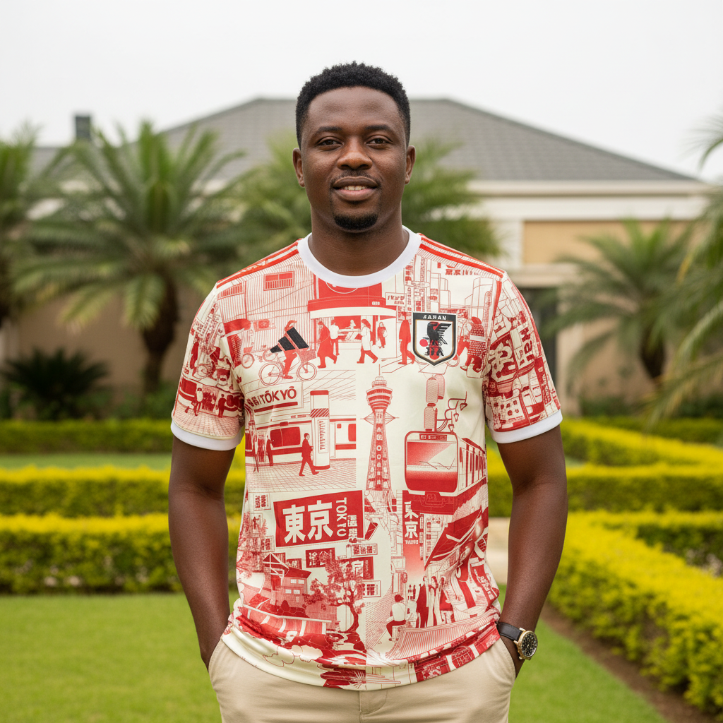 Cream red cityscape graphic football jersey on Nigerian male model