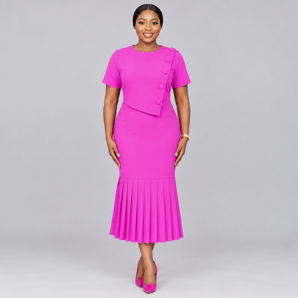 Model wearing magenta pink asymmetric button midi dress with pleated hem